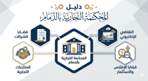 إنفوغرافيك يوضح رقم المحكمة التجارية بالدمام وطرق التقاضي الإلكتروني