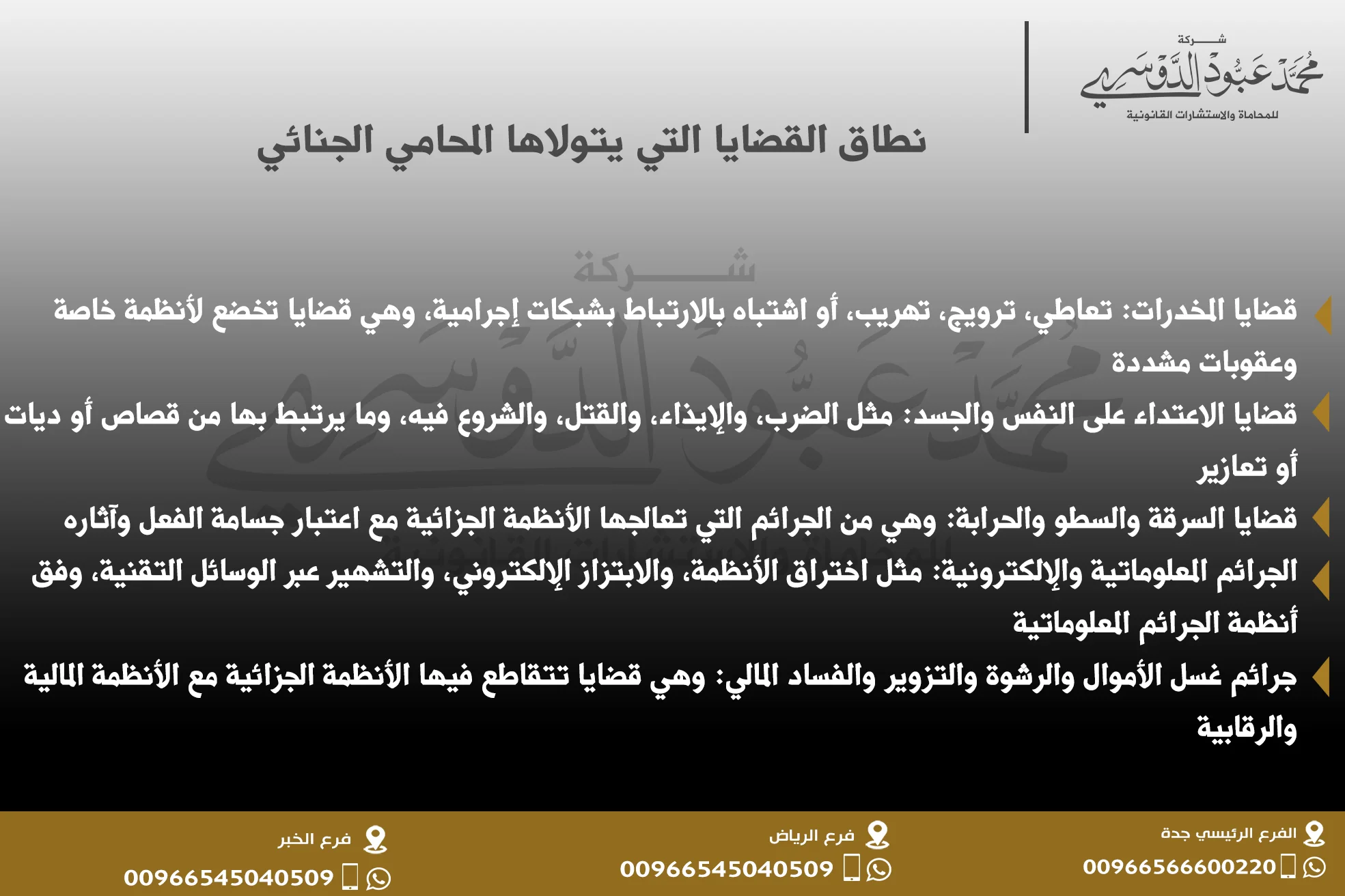 نطاق القضايا التي يتولاها المحامي الجنائي - شرح أنواع القضايا التي يتعامل معها المحامي الجنائي مثل القتل، السرقة، المخدرات، الجرائم الإلكترونية، والتزوير.